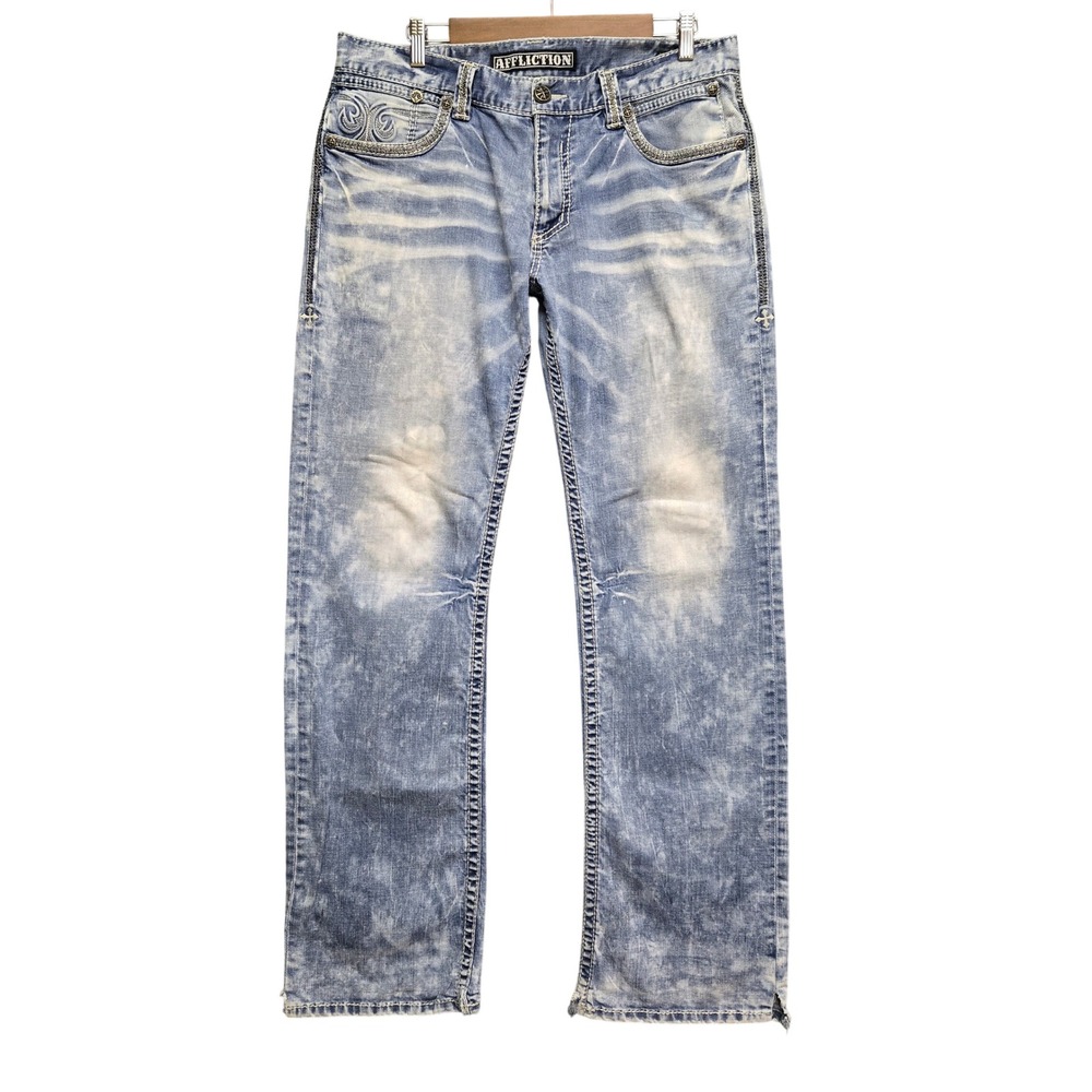 Affliction Cooper Straight Leg Jeans Y2K Grunge 34 Blue Acid Wash Distressed